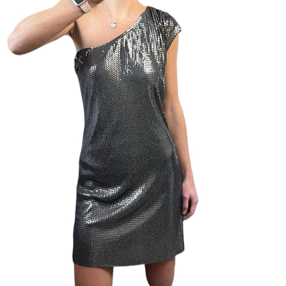 Michael Kors Women’s Size Small Gray Silver Sequin Trim One Shoulder Tunic Dress